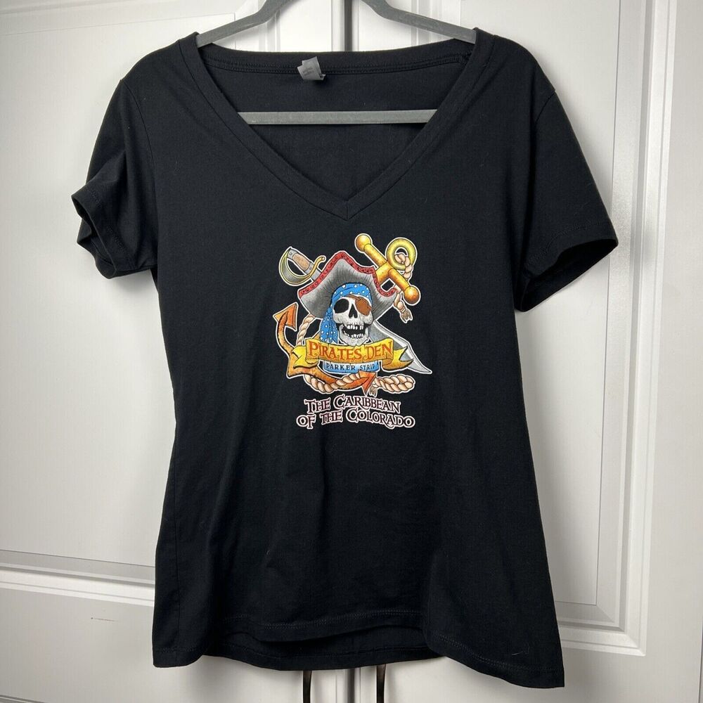 Pirates Den Womens T Shirt XL V Neck‎  Parker Arizona Colorado River Skull Black